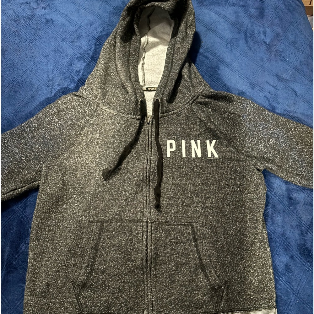 Juniors size L PINK gray & white zipper hoodie